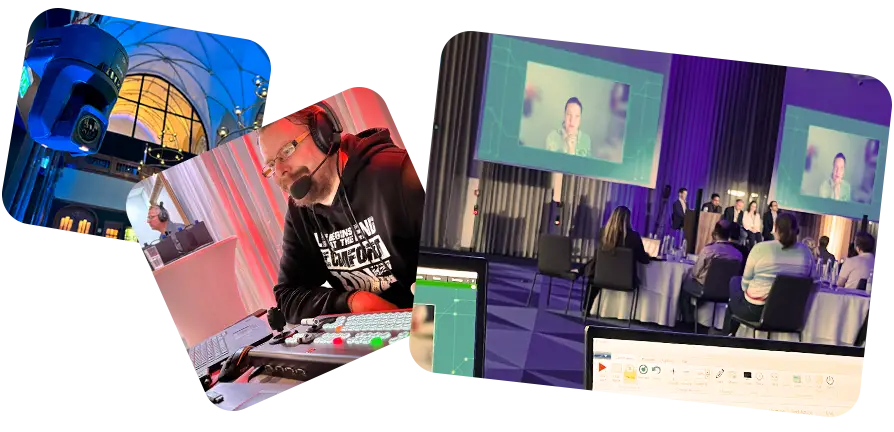 Eine Collage einer Kamera und eines Mannes der der audiovisuelle Geräte bedient. Rechts findet in München ein Hybrid Event statt, bei der die Teilnehmer sitzen und ein Sprecher auf Bildschirmen erscheint, was Veranstaltungstechnik der Spitzenklasse vorführt.