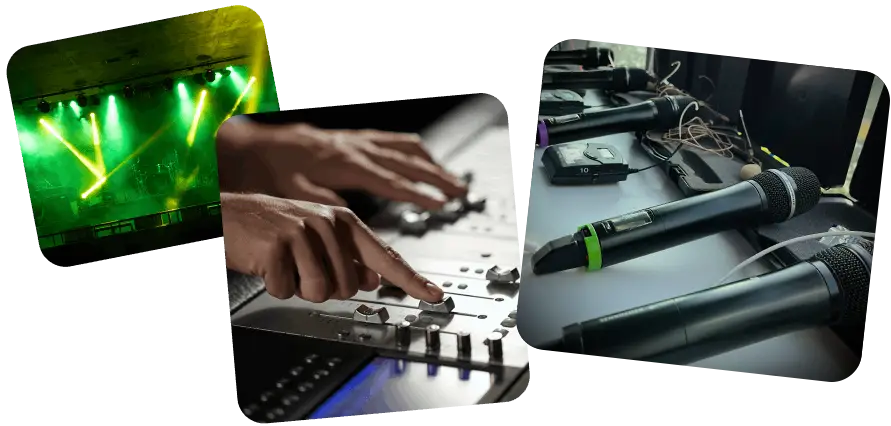 Eine Collage mit einer Bühne mit grünen Scheinwerfern, Händen, die einen Audiomixer einstellen, und einer Nahaufnahme von Handmikrofonen und Headsets, die alle nahtlos die Essenz der Veranstaltungstechnik bei einer Veranstaltung in München einfangen.