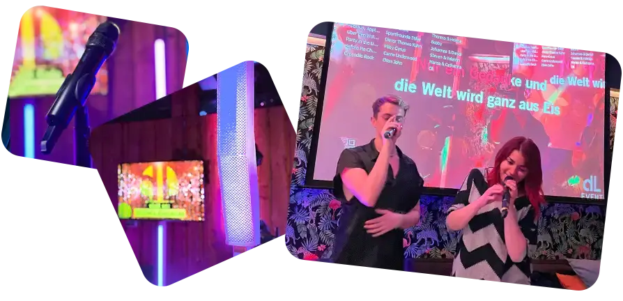 Eine Collage einer Kamera und eines Mannes der der audiovisuelle Geräte bedient. Rechts findet in München ein Hybrid Event statt, bei der die Teilnehmer sitzen und ein Sprecher auf Bildschirmen erscheint, was Veranstaltungstechnik der Spitzenklasse vorführt.